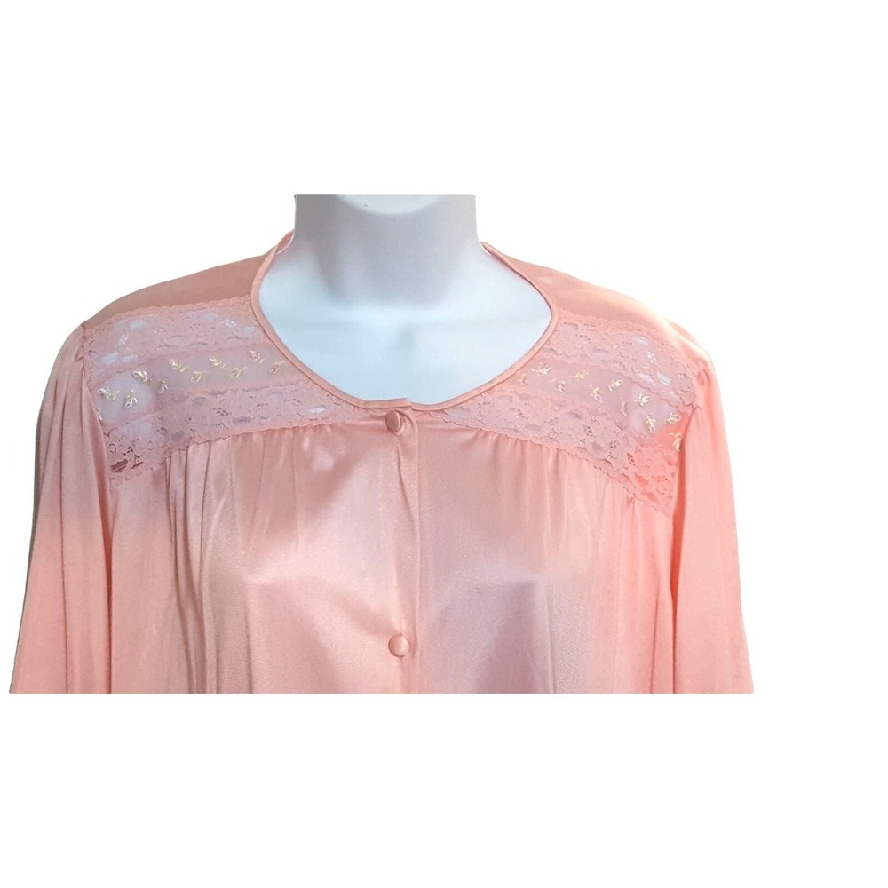 Vanity Fair Vintage Robe Womens L Pink Button Front Lace Detail Below Knee